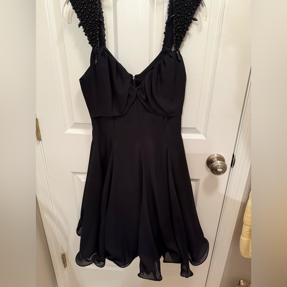 Elegant Black Mini Dress with Beaded Shoulder Straps tulle underskirt Y2K - Picture 2 of 6